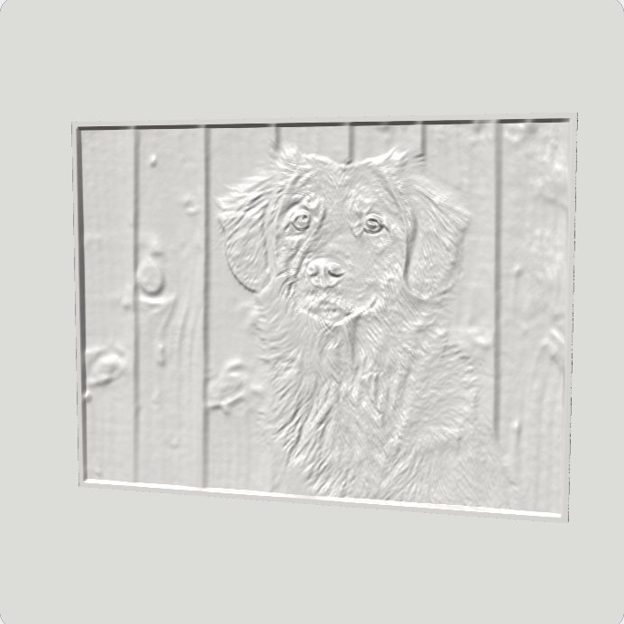 The dog lithophane in daylight, showing the white carved surface