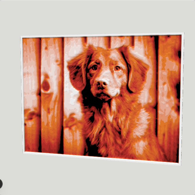 Filament painting of a dog in black, cherry red, orange and white
