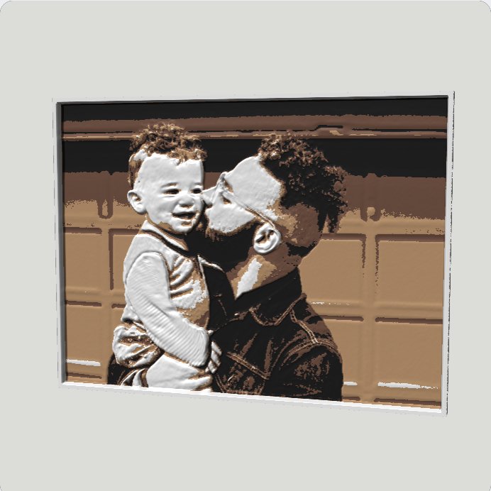 Sculpted relief of a dad kissing his laughing toddler, coloured in the sepia palette