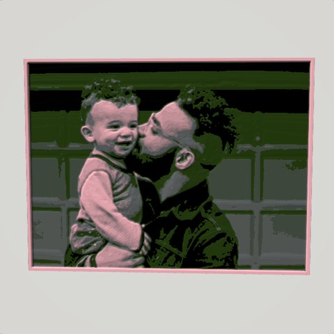 A filament painting of a dad kissing his toddler, in auto-matched colours