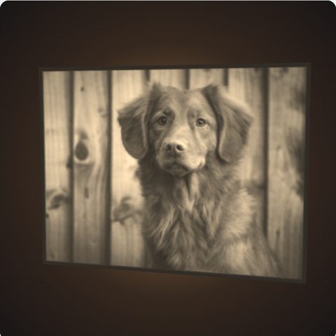 The dog portrait photo as a lithophane glowing with light behind it