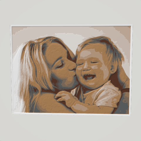 A filament painting of a mum kissing her baby, in auto-matched colours