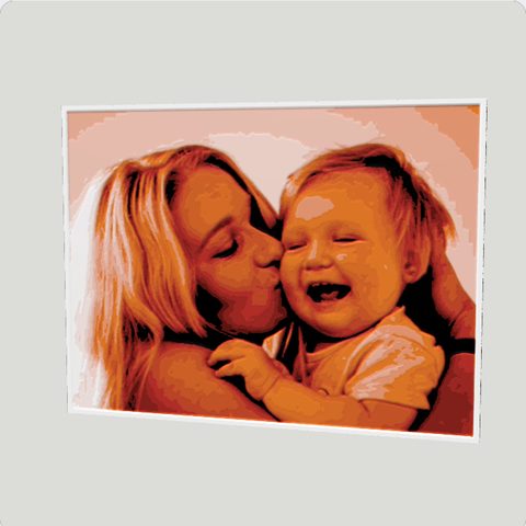 A filament painting of a mum kissing her laughing baby in the Ember palette