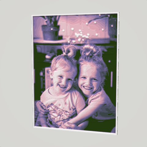 A filament painting of two sisters hugging, in auto-matched colours