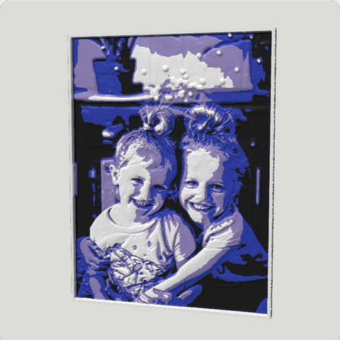 A sculpted relief of two sisters hugging, in the Twilight palette